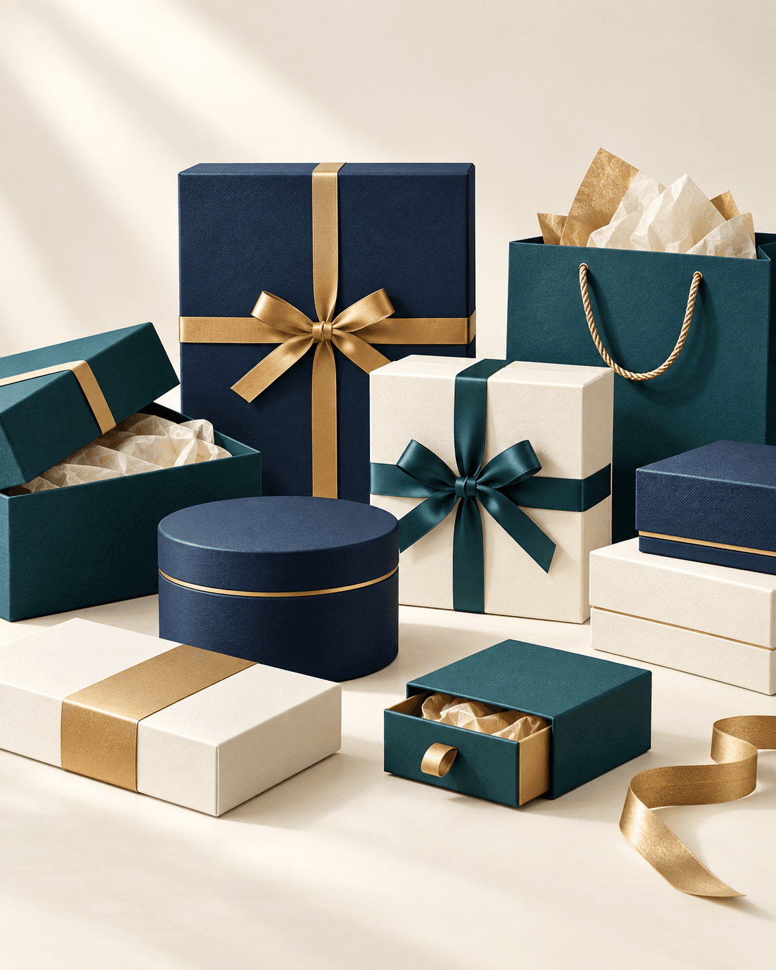 Premium gift boxes and specialty packaging in navy, teal and gold
